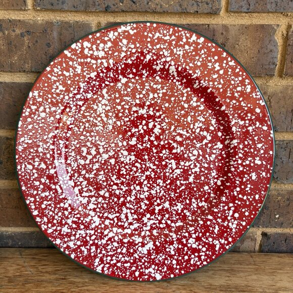 Robert Stanley Enamelware Serving Plates Chargers Red White Speckled Green Edge - Picture 7 of 13